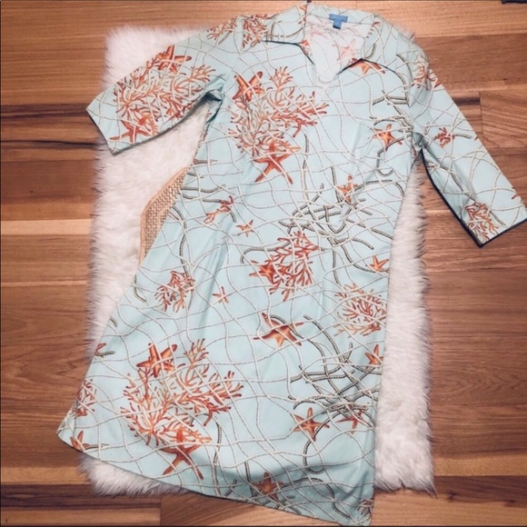 J. McLaughlin Blue Nautical Starfish Coral Dress